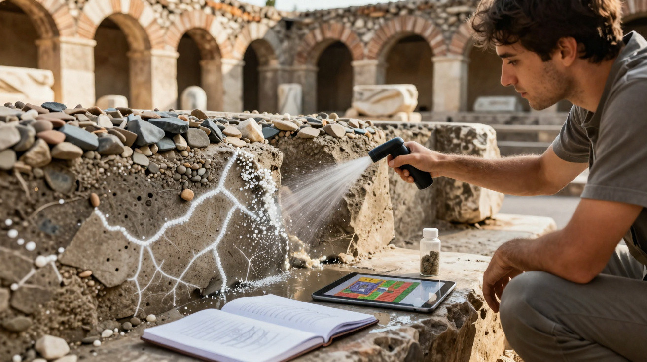 Man using a handheld device to spray water on ancient stone ruins with open book and tablet nearby.