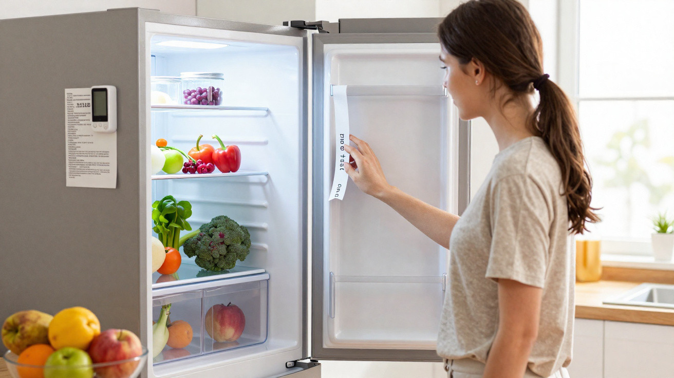 Woman opening a fridge filled with fresh fruits and vegetables in a bright kitchen.