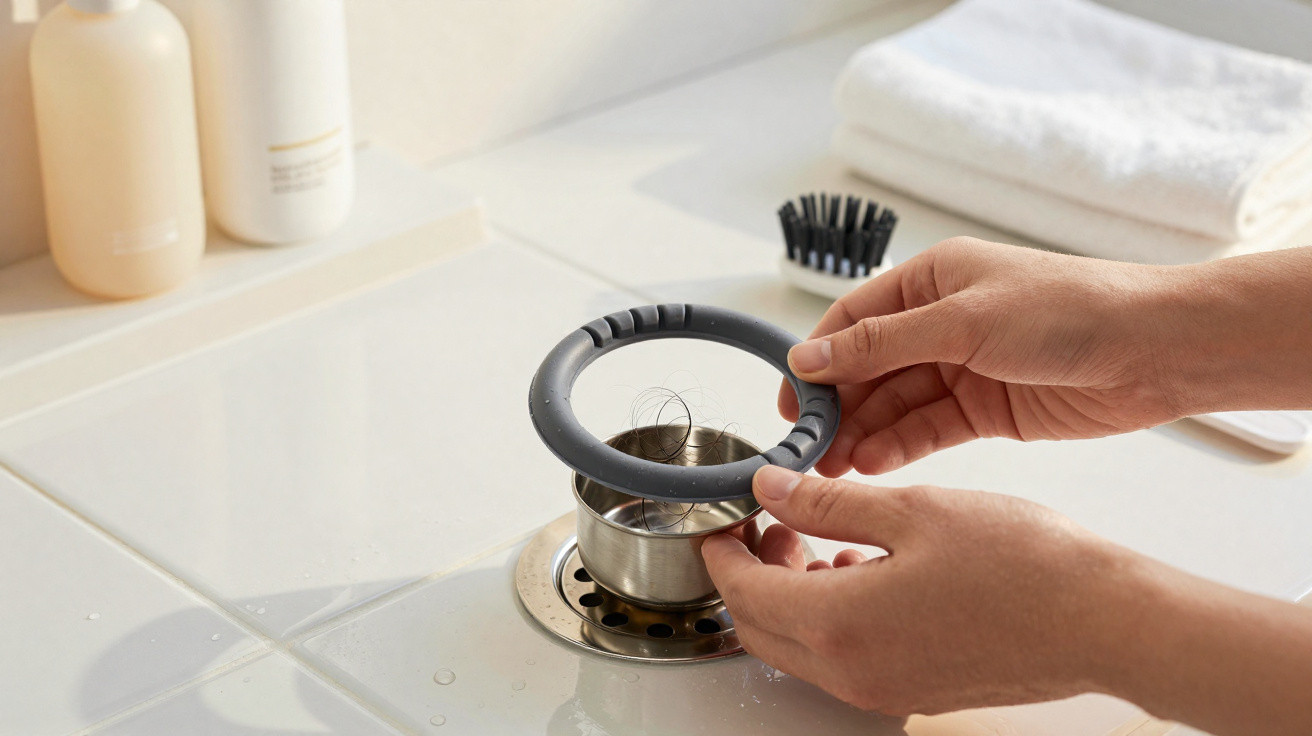 Hands cleaning hair from a bathroom sink drain strainer with a black rubber ring on a tiled countertop.