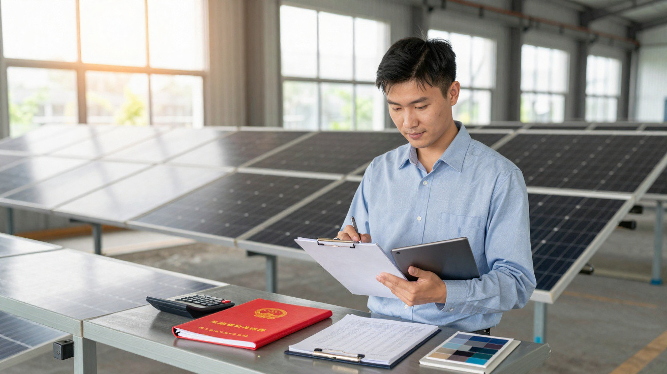 Engineer in blue shirt working on clipboard in a solar panel facility with documents and tablet on table