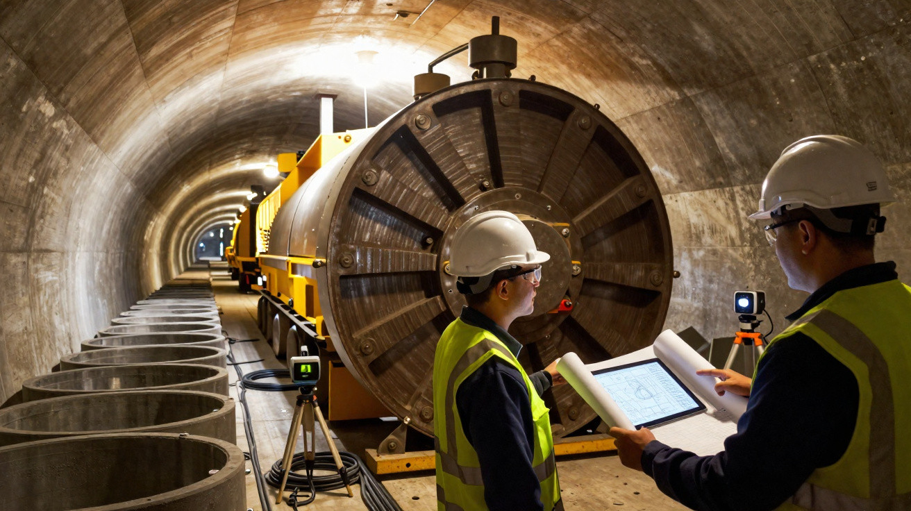 Two engineers in hard hats and hi-vis vests examining plans inside a large tunnel under construction.