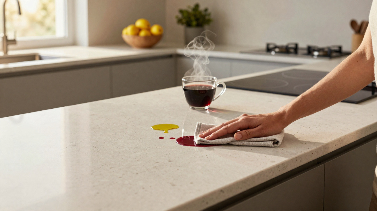 Hand wiping red and yellow liquid spills on a cream kitchen countertop next to a steaming cup of tea.