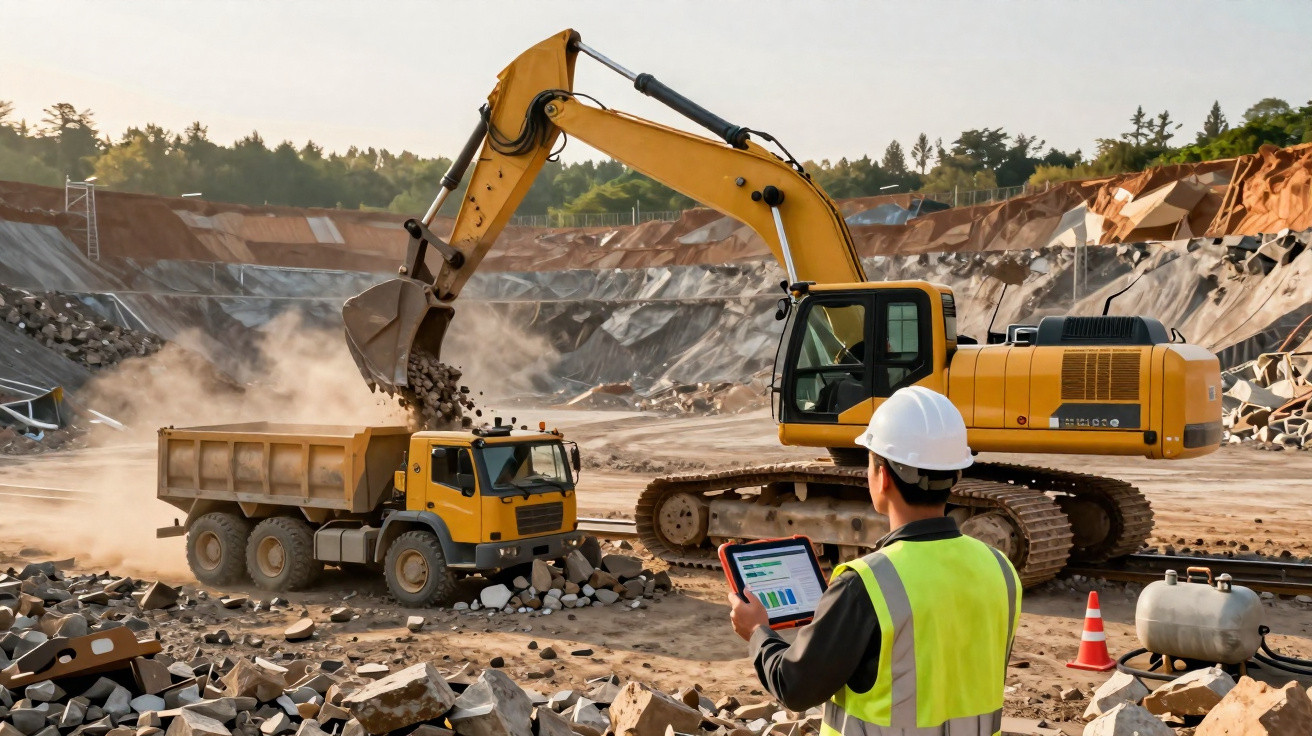 Construction worker in high-visibility vest and helmet uses tablet while excavator loads rocks into a dump truck at quarry si