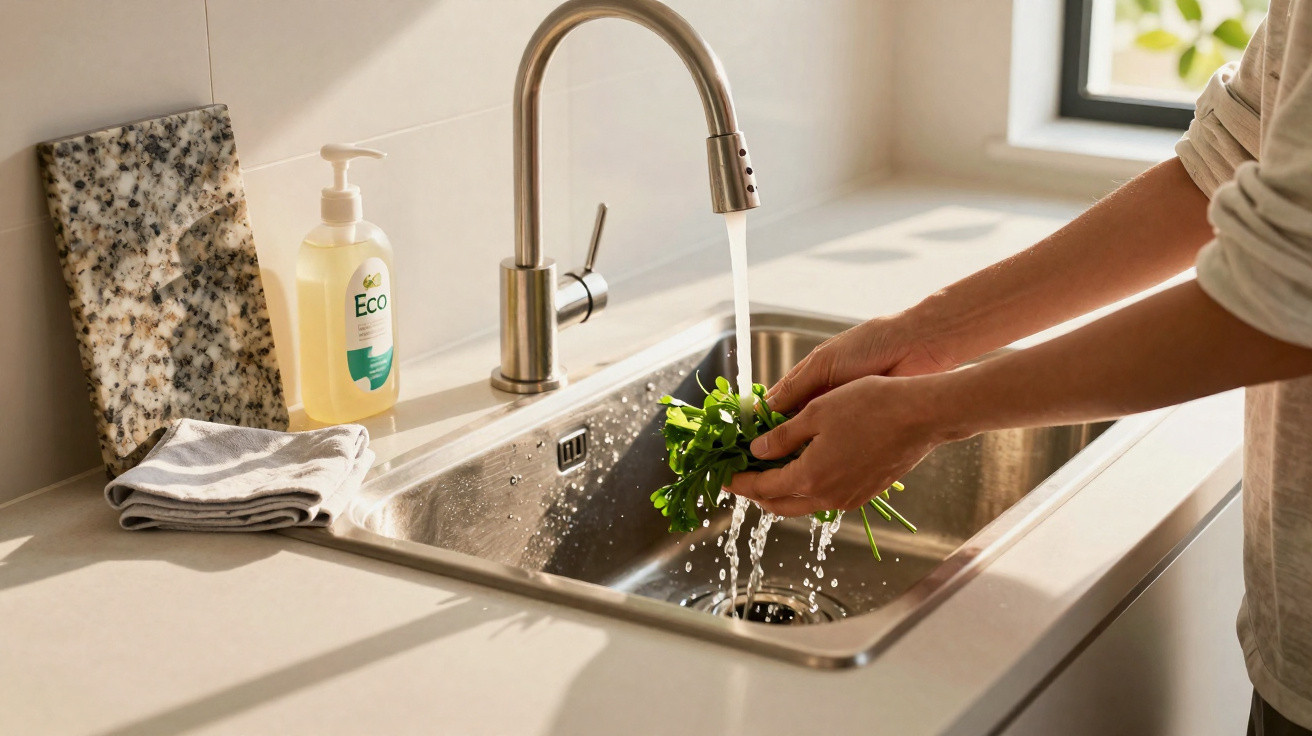 Person washing fresh parsley under running tap water in a modern kitchen sink with soap and cloth nearby.
