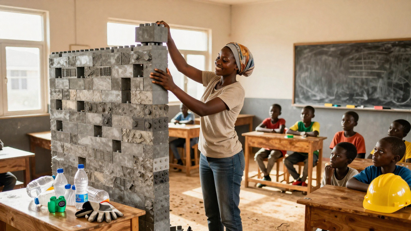 Teacher demonstrating building with large blocks to attentive children in a bright classroom setting.
