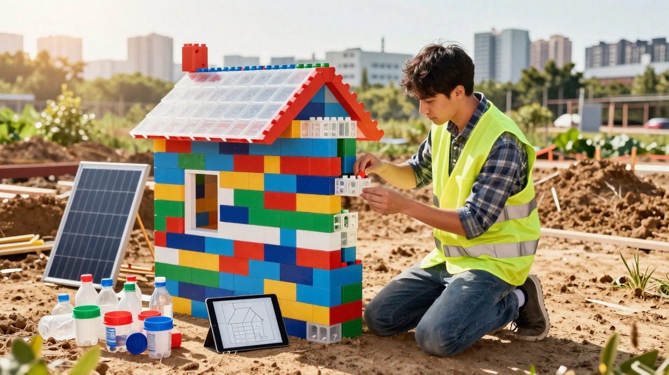 Young man in safety vest building colourful toy house with solar panel and tablet on construction site.