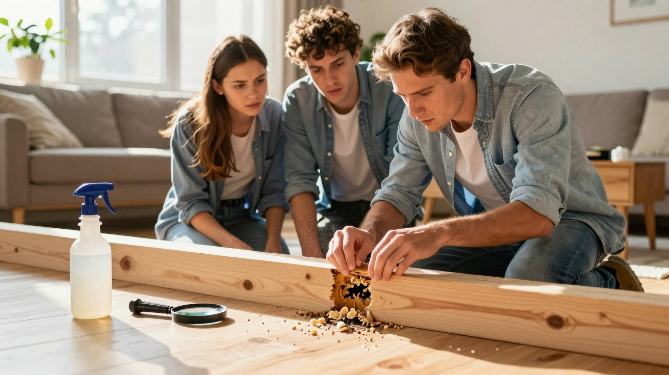 Three young people examining nuts spilled on the floor beside a wooden beam in a living room.