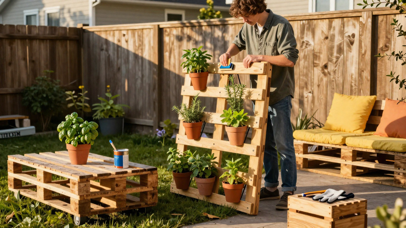 Person assembling a vertical garden with potted plants on a wooden pallet in a sunlit backyard.
