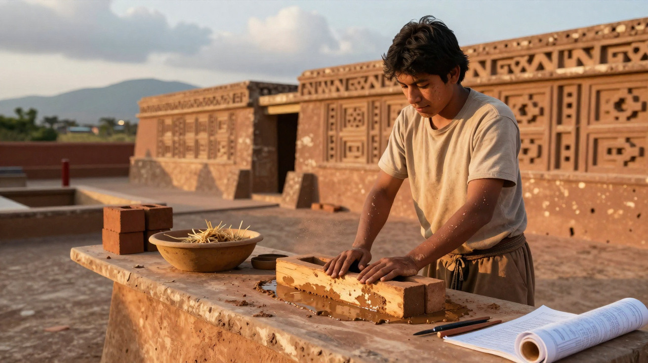Young man shaping a mud brick outdoors at an archaeological site with ancient patterned walls in the background.