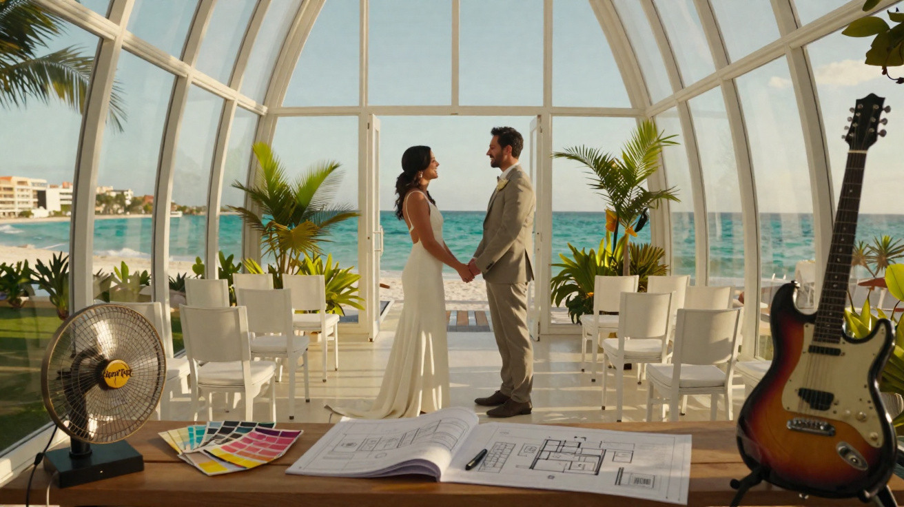 Couple holding hands inside a glass chapel overlooking the beach, with guitar and architectural plans nearby.
