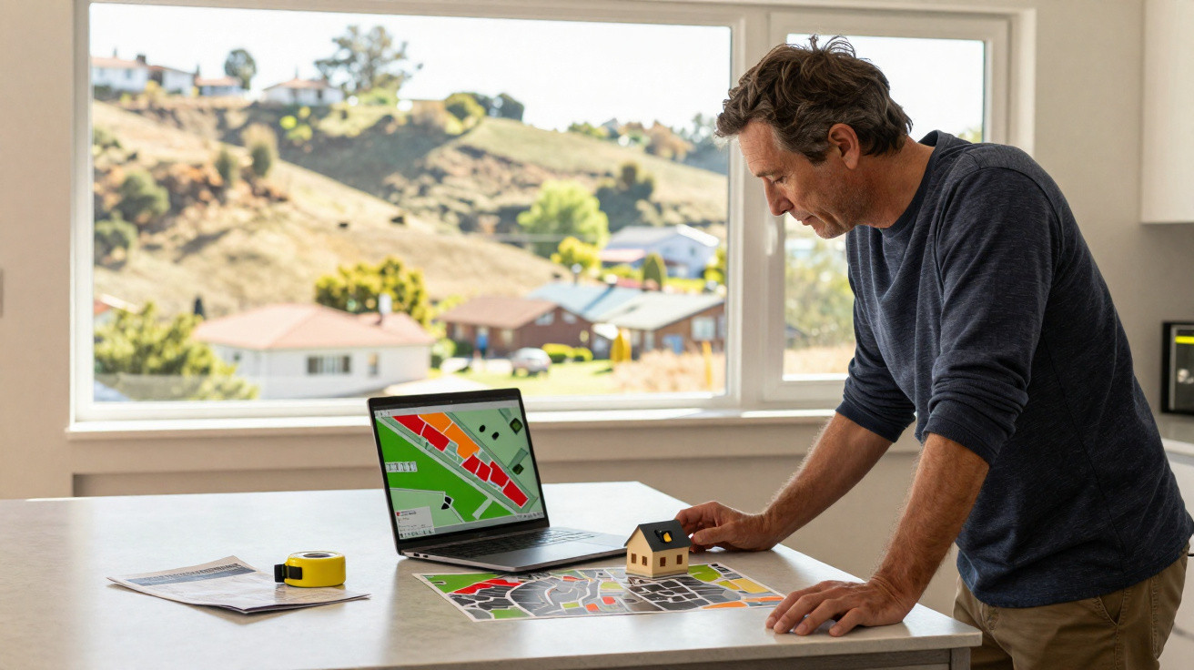Man examining a miniature house and property map on a table with a laptop displaying a housing layout.