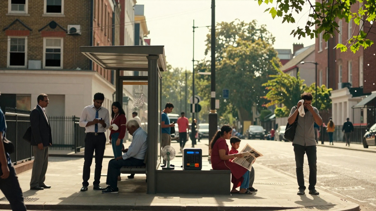 People waiting at a sunny urban bus stop with some sitting and others standing on the pavement.