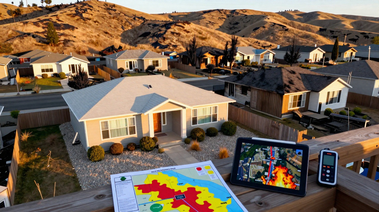 Residential neighbourhood near dry hills with wildfire risk map, tablet showing fire simulation, and monitoring device