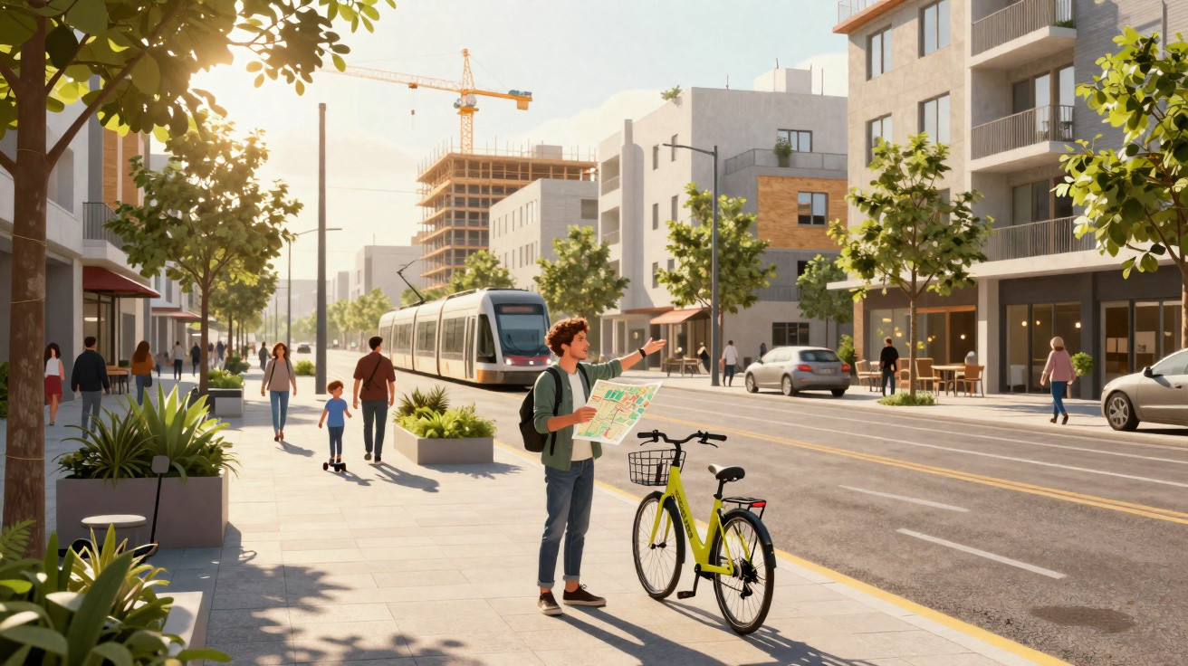 Person with a map and bike on a sunny urban street with pedestrians, cars, tram, and buildings under construction.