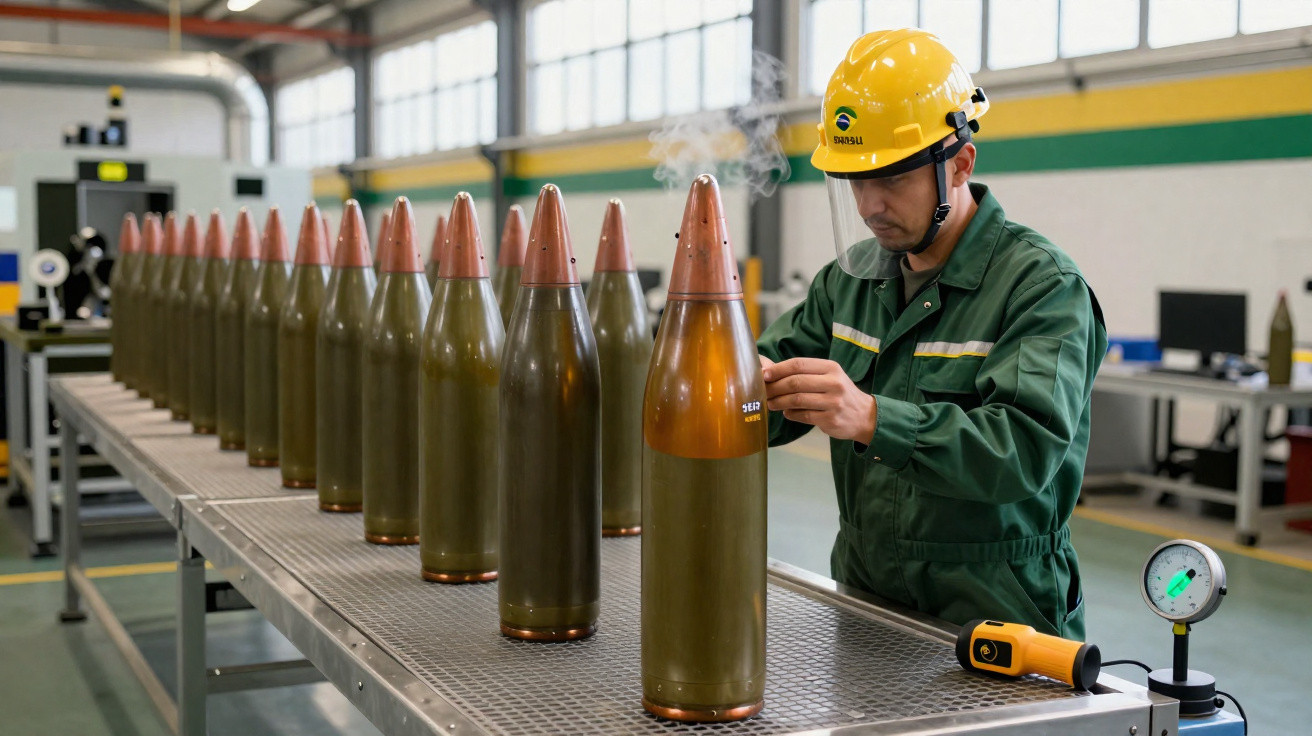 Worker in safety gear inspecting large artillery shells lined up in an industrial facility.