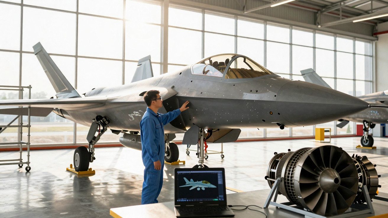 Engineer inspecting a stealth fighter jet inside a spacious hangar with a jet engine and laptop nearby.