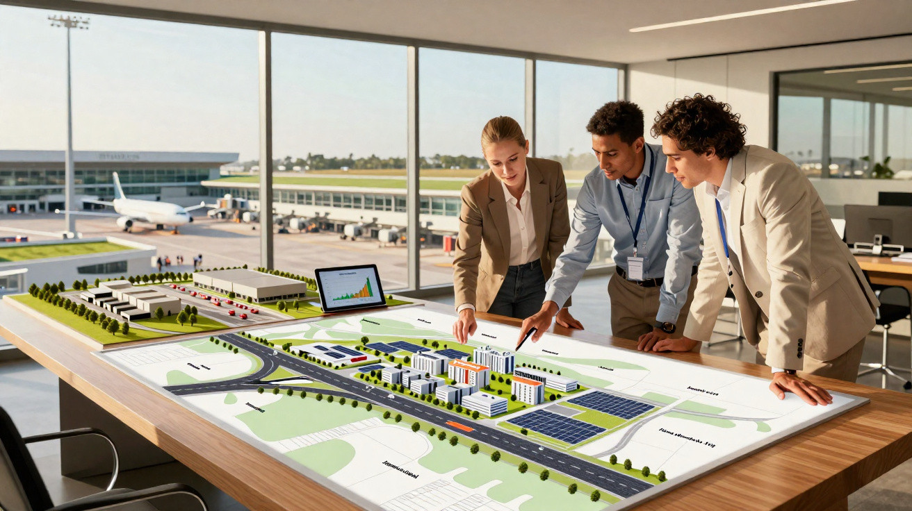 Three professionals discussing a detailed architectural model in an office with airport views.