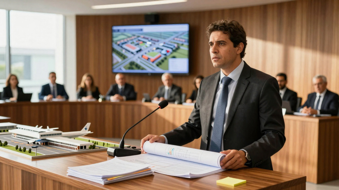 Man in suit presenting architectural plans to a boardroom with a model and screen in the background.