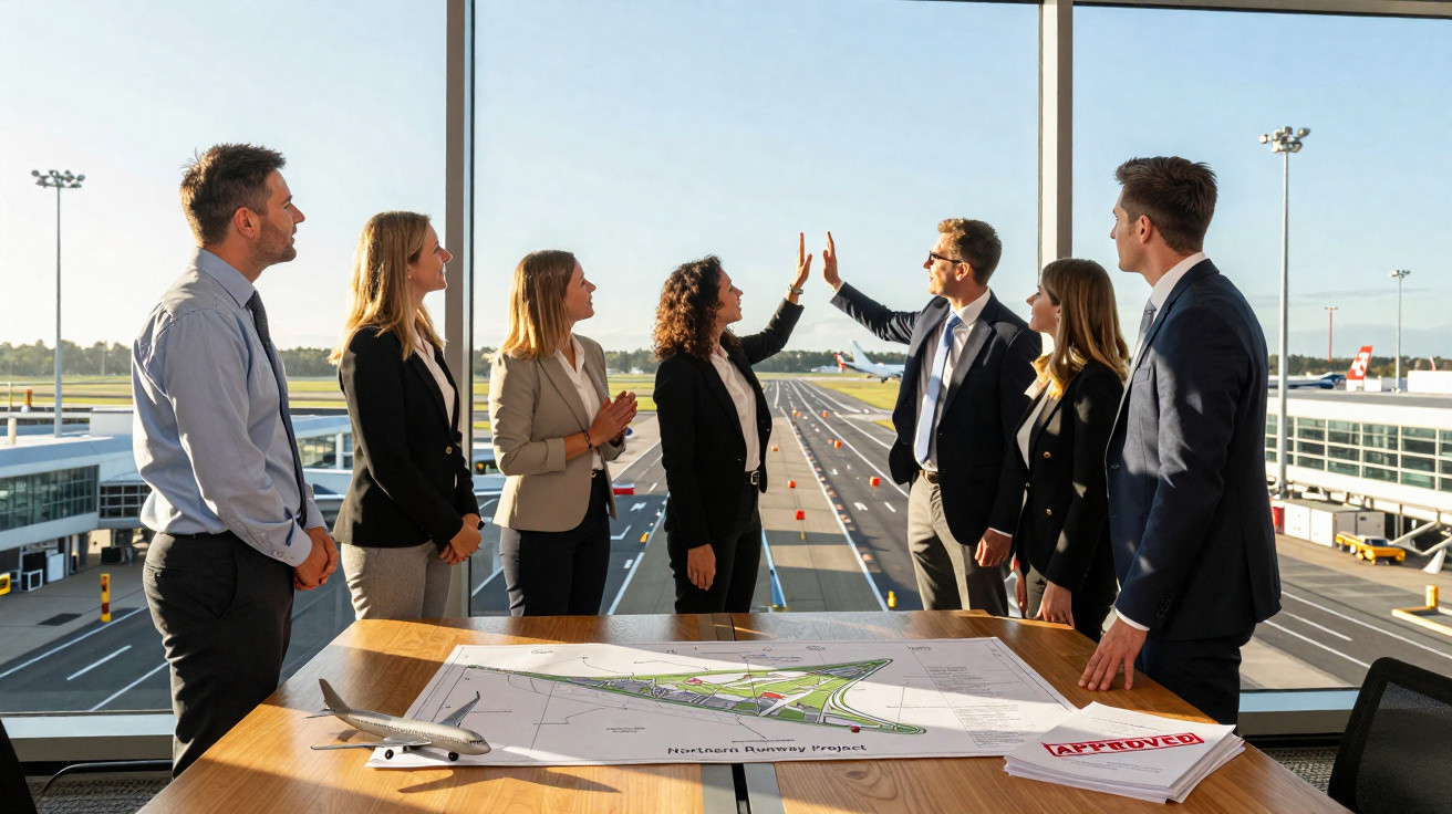 Business team celebrating approval of airport runway project in a meeting room overlooking the runway.