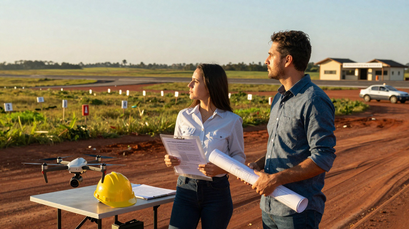 Two construction engineers with plans overseeing a drone at a rural site during sunset.