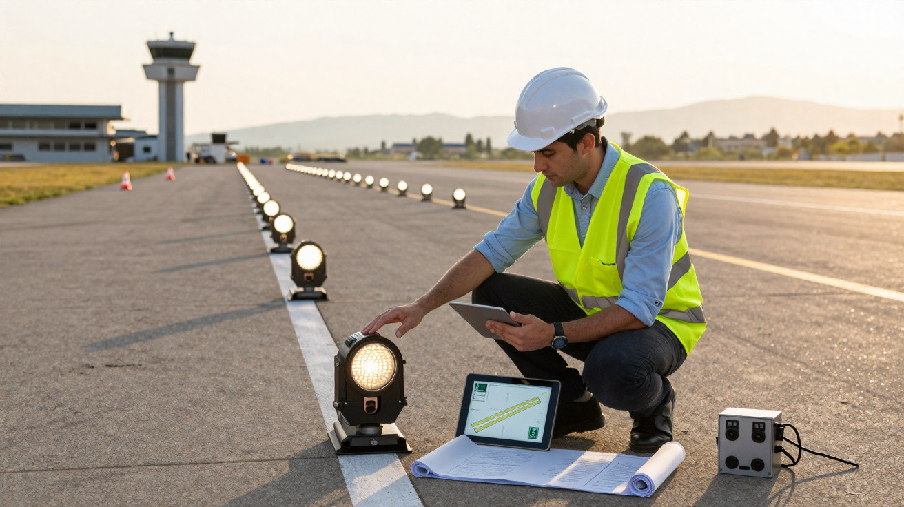 Airport engineer in high-visibility vest and helmet inspecting runway lights with digital tablet and plans at sunset.