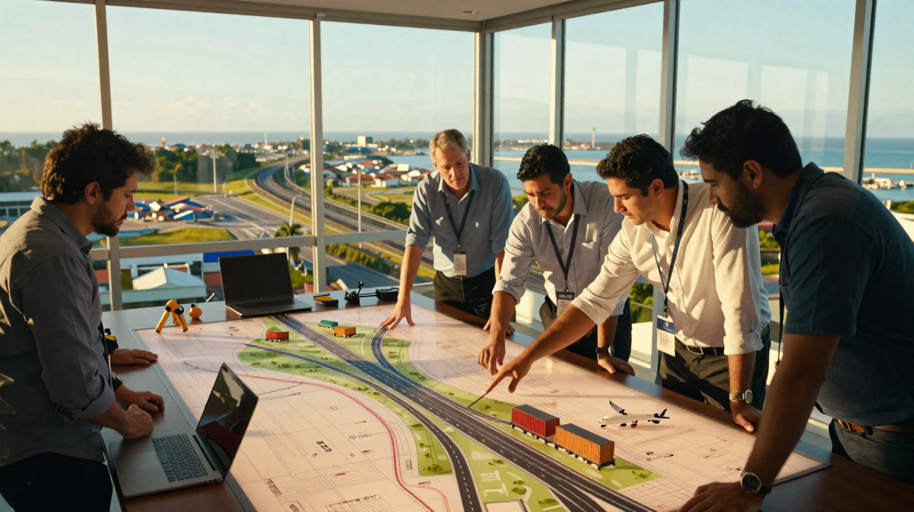 Five men discuss a large road design model in a glass-walled office overlooking a coastal town.