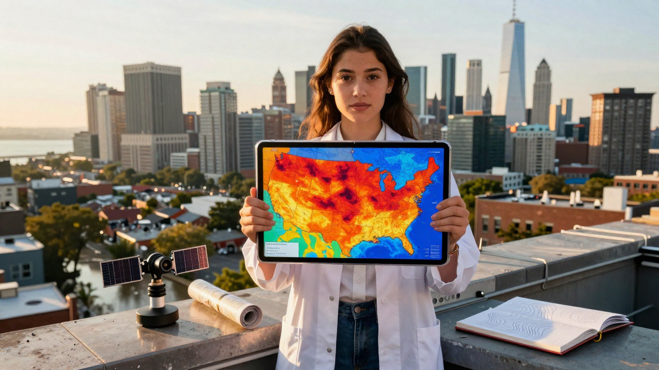 Woman in a lab coat holding a tablet showing a heat map of the USA with a city skyline in the background.