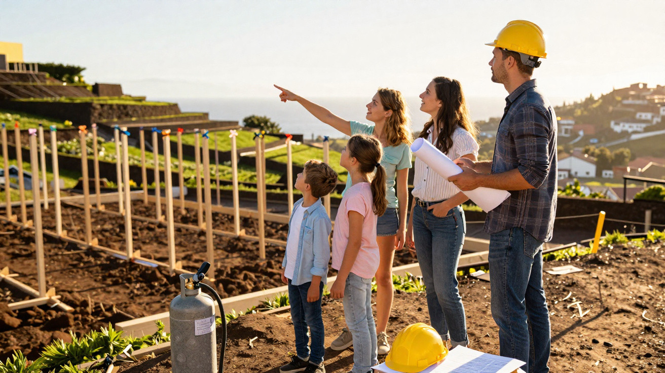 Family with two children and architects discussing plans at a construction site during sunset.