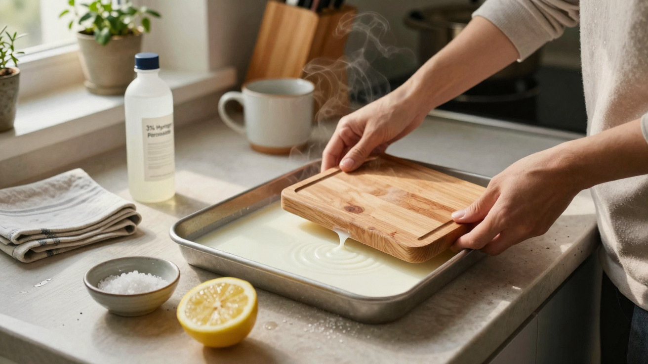Hands pressing a wooden board onto a milk-filled tray on a kitchen countertop with lemon and salt nearby.