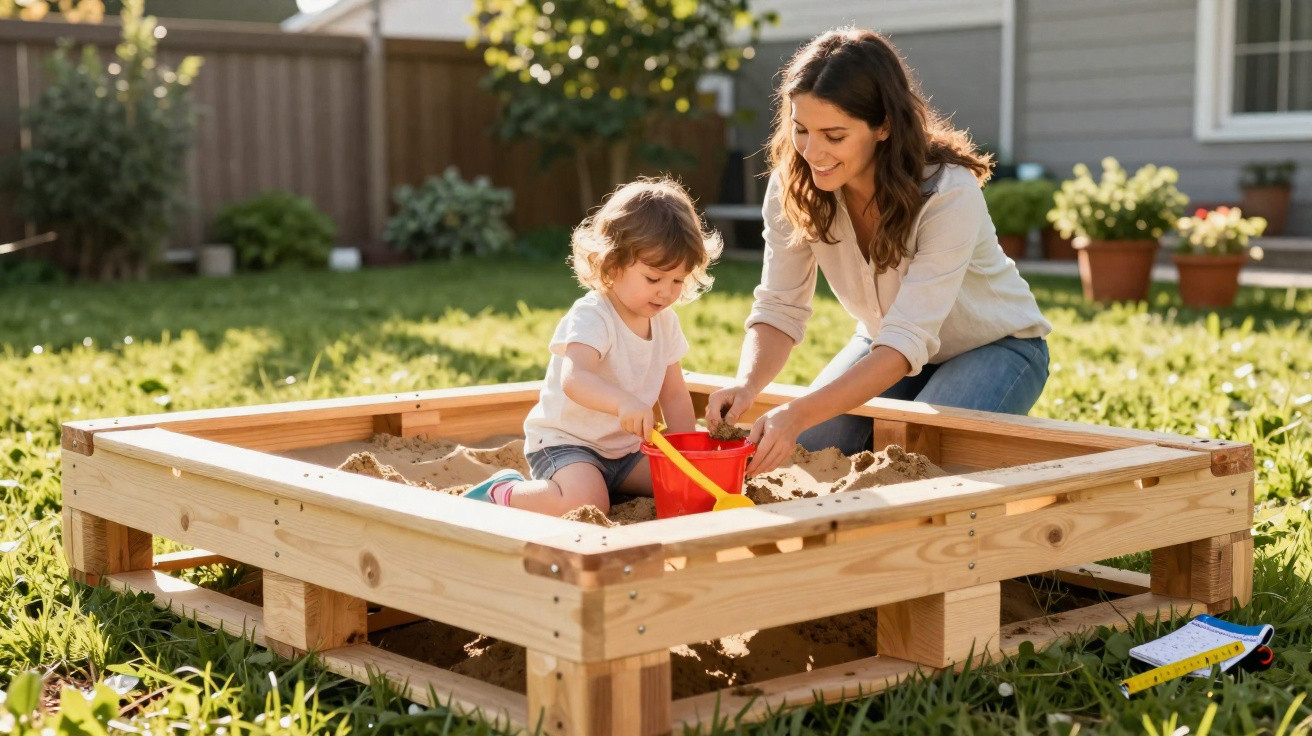 Mother and toddler playing with a red bucket and yellow shovel in a wooden sandbox in a sunny garden.