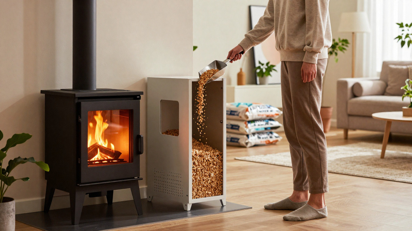 Person scooping wood pellets from a container to feed a burning stove in a cosy living room.