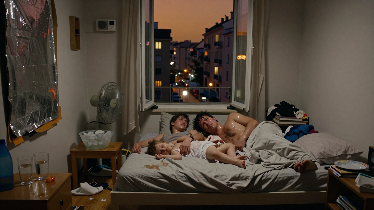 Three people resting on a bed in a dimly lit room with an open window showing a cityscape at dusk.