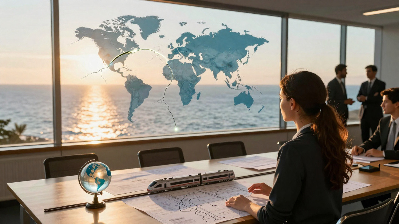 Business meeting room with colleagues, world map on window, globe, train model, and sunset over the sea.