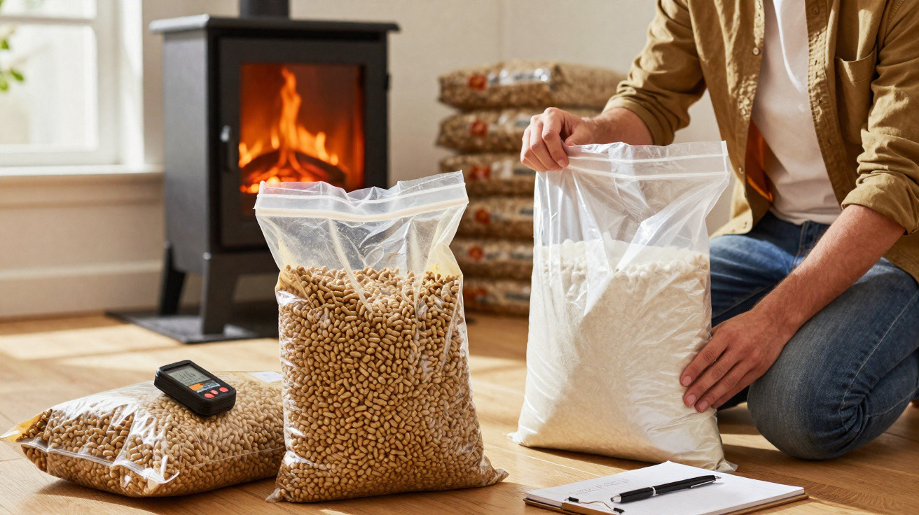 Person kneeling by bags of wood pellets and sawdust near a burning stove with clipboard on the floor.