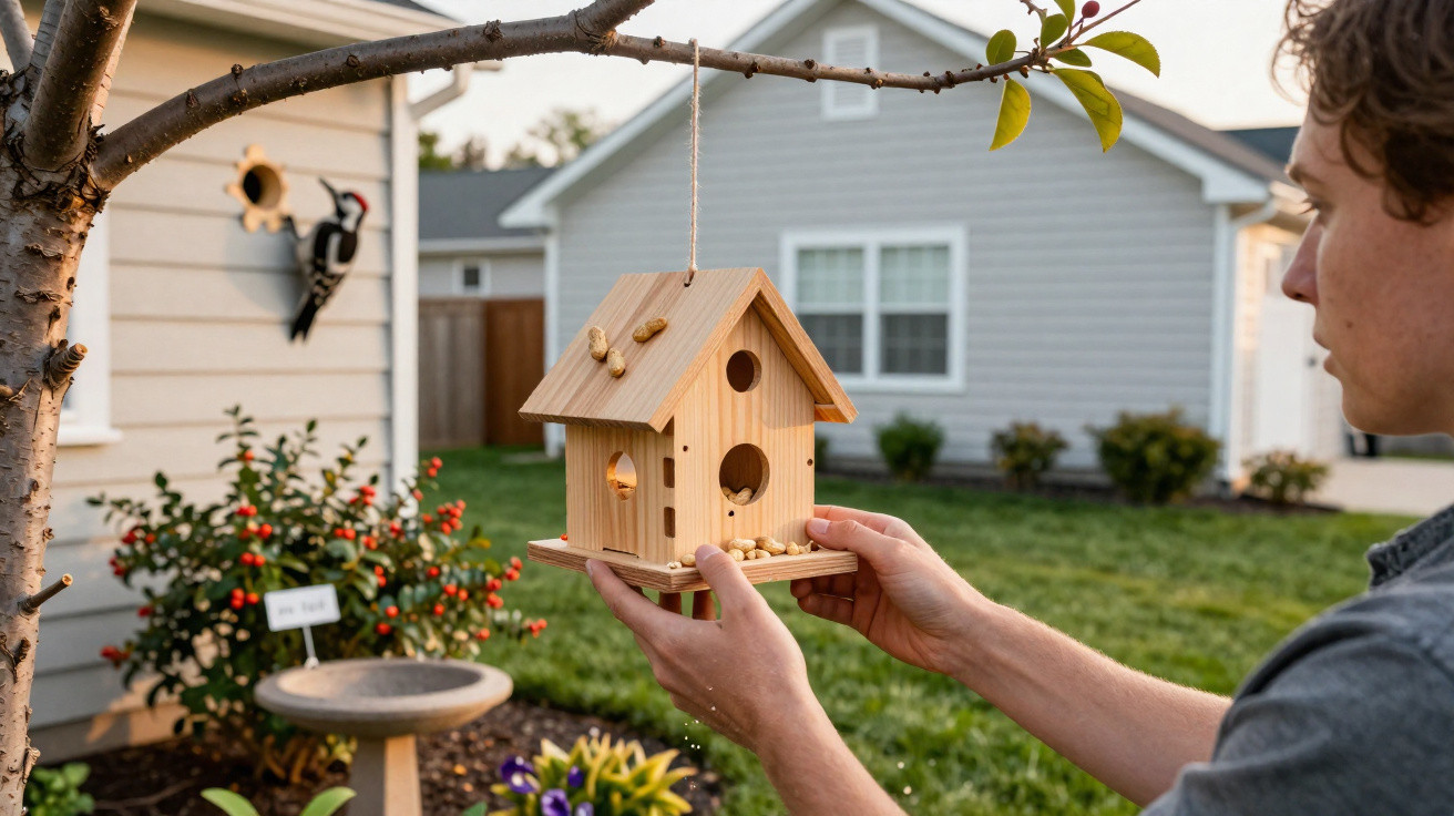 Person hanging a wooden birdhouse filled with peanuts on a tree branch in a garden.
