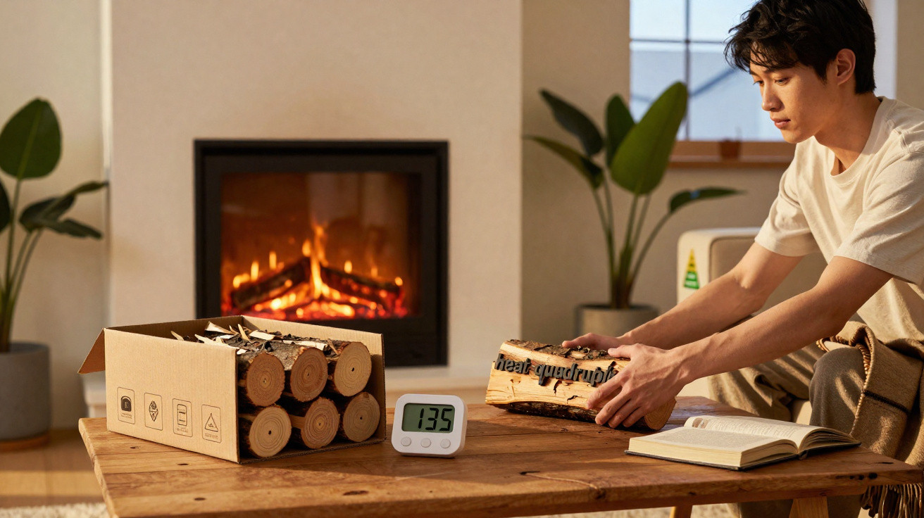 Young man placing firewood on a table in front of a lit fireplace with a timer and open book nearby.