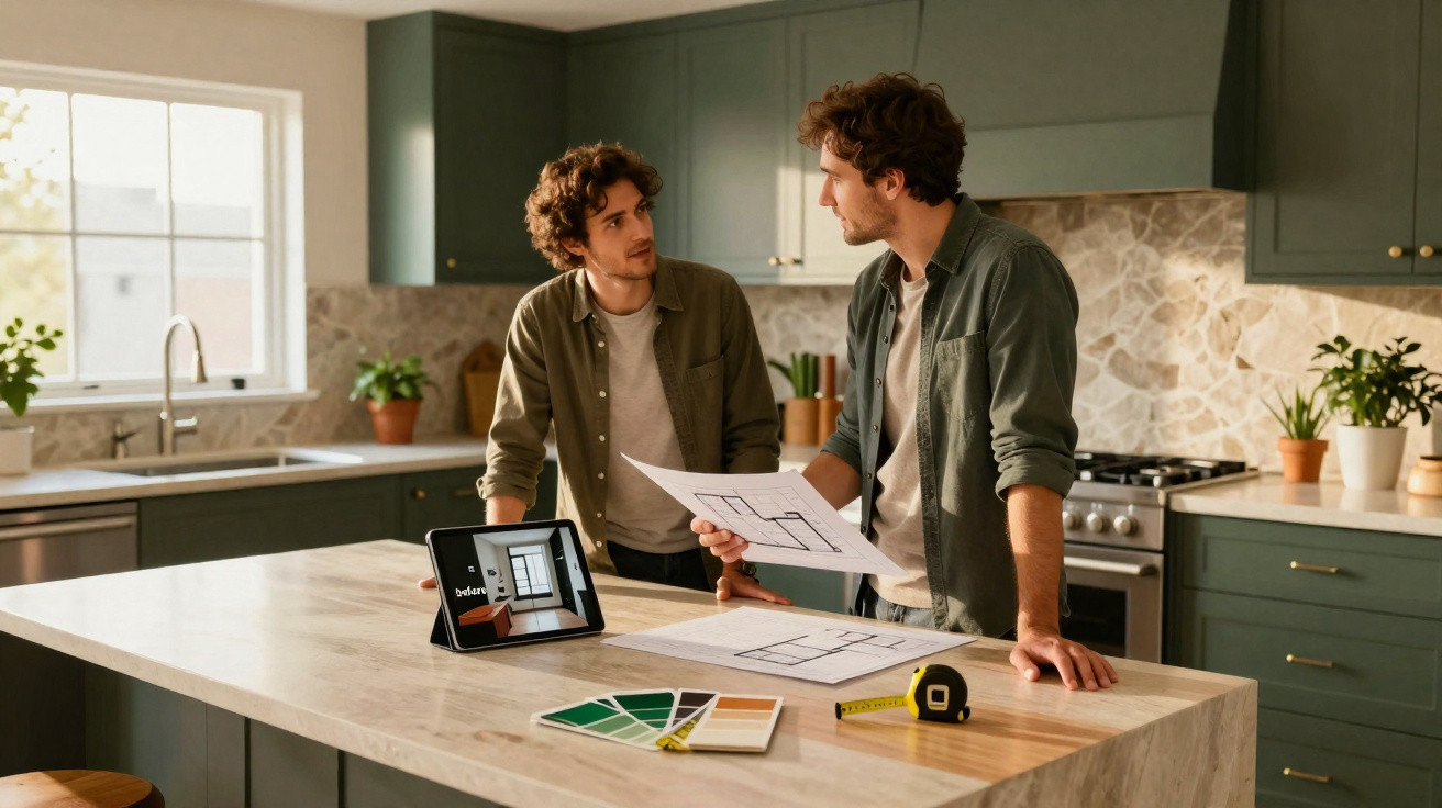 Two men discussing home renovation plans in a modern kitchen with colour swatches and blueprints on the island.