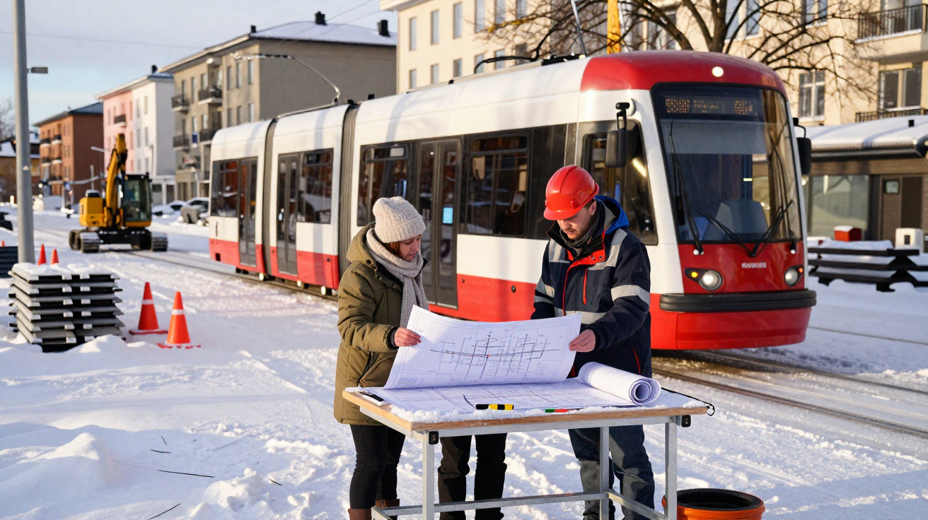 Two construction workers examining plans by a tram on snowy urban street with buildings in the background.