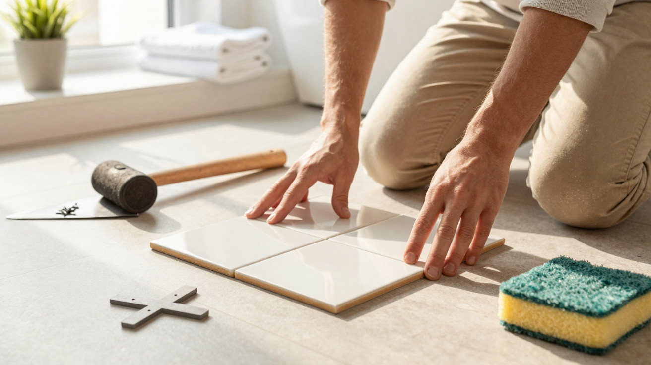 Person kneeling and laying white ceramic tiles on a floor with tools nearby in bright room.