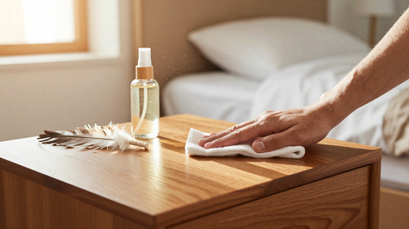 Hand wiping a wooden bedside table with a cloth, a feather duster and spray bottle visible nearby.