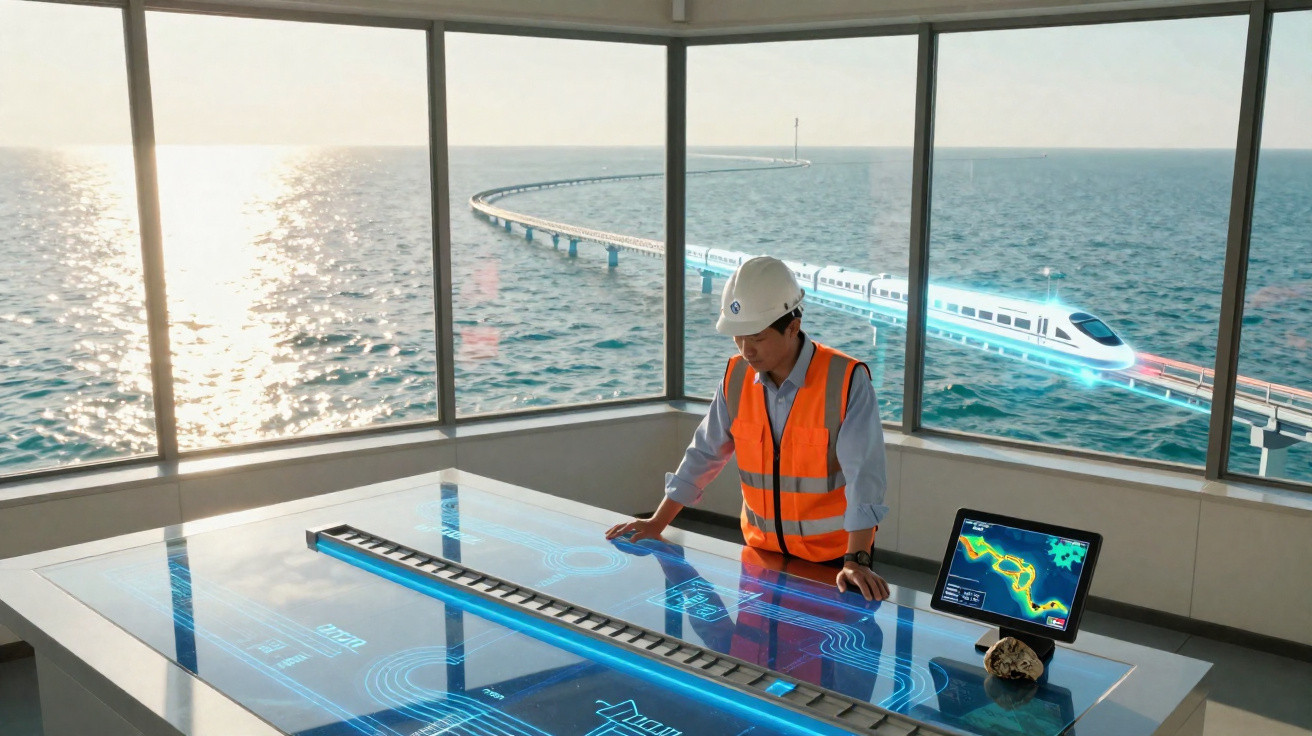 Engineer in safety gear working on a digital table with a futuristic train on a curved bridge over the sea outside.