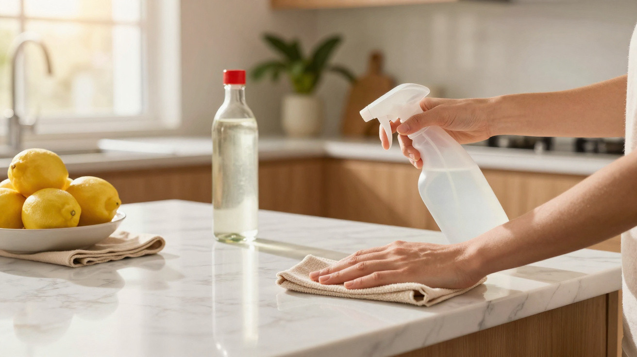 Hands spraying and wiping a clean marble kitchen countertop with a cloth, lemons and a bottle nearby.