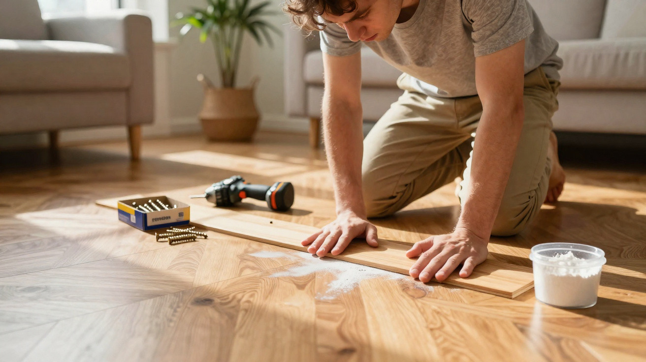Man kneeling on wooden floor, assembling a plank with screws and drill nearby in a bright living room.