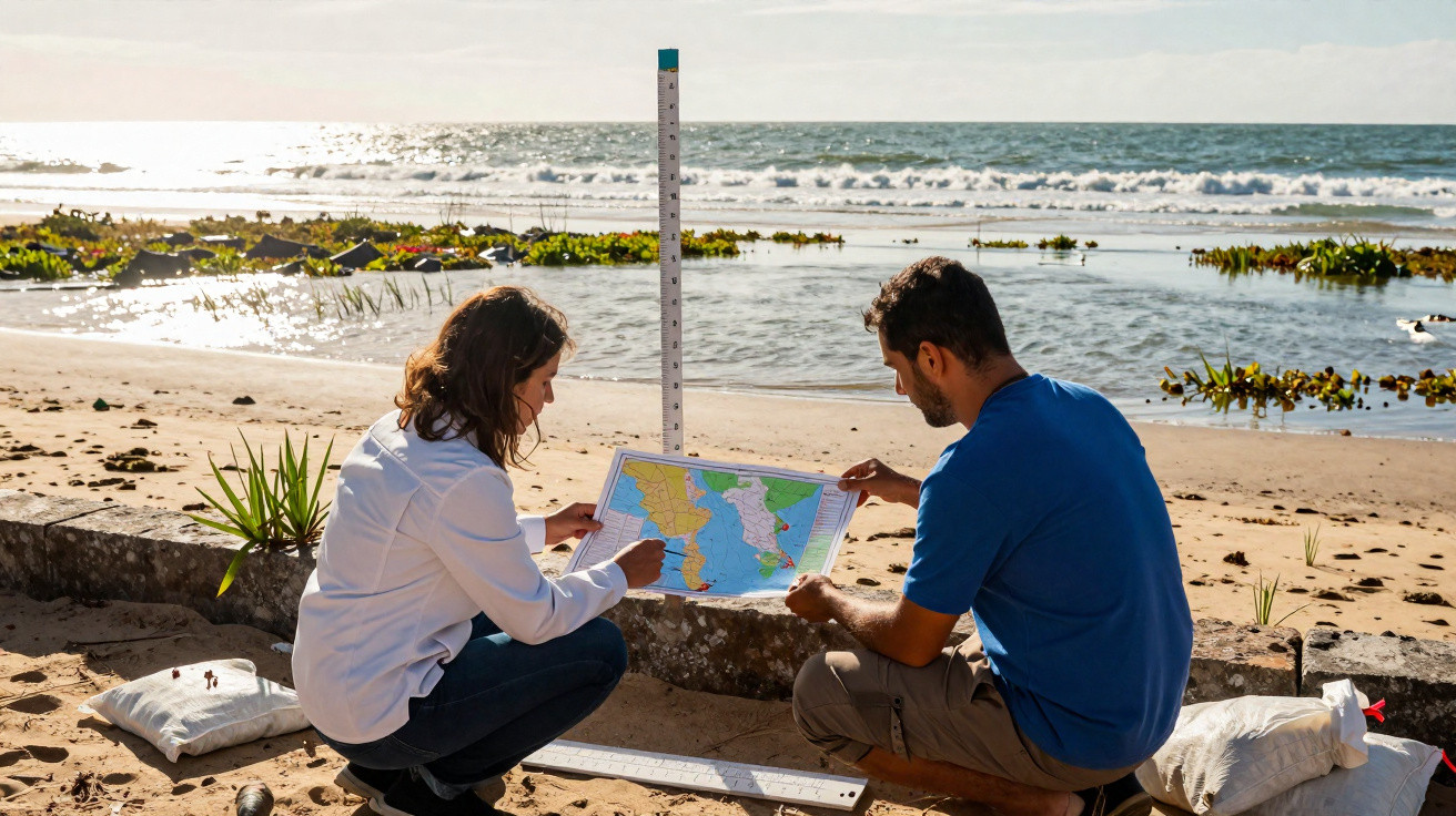 Two people examining a map while conducting environmental measurements on a sandy beach near the ocean.
