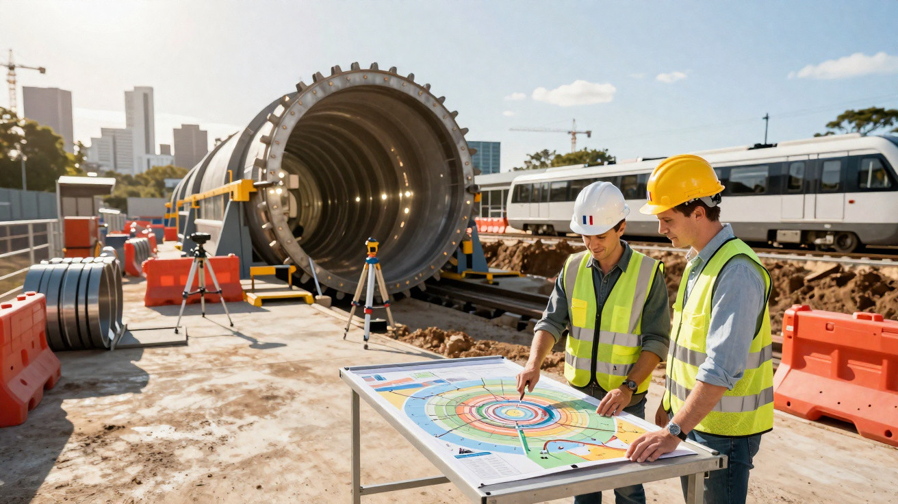 Two construction workers in helmets and vests examining plans at an urban tunnelling site with a tram in the background.