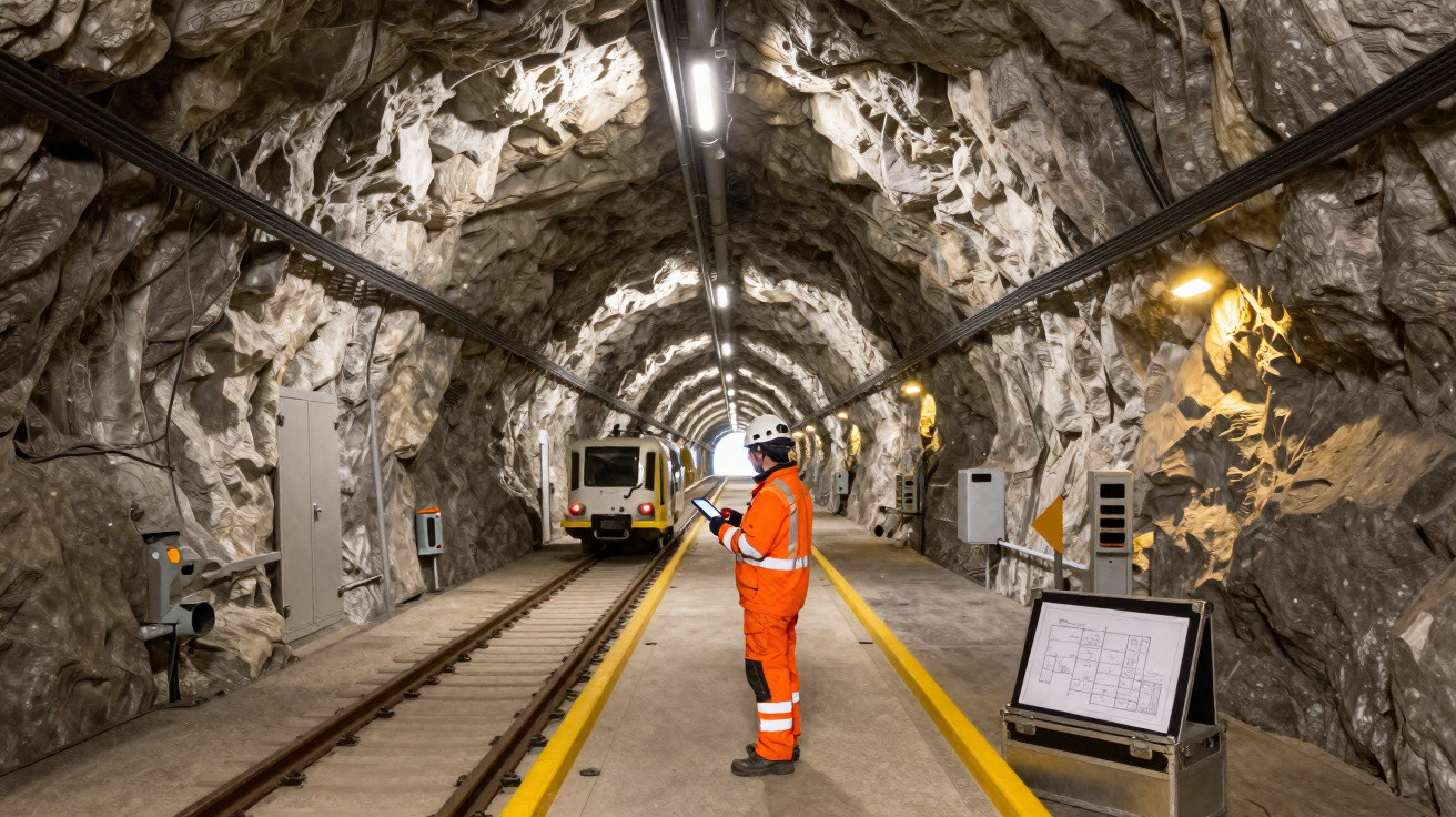 Worker in orange safety gear using a tablet inside a rocky underground railway tunnel with a small train.