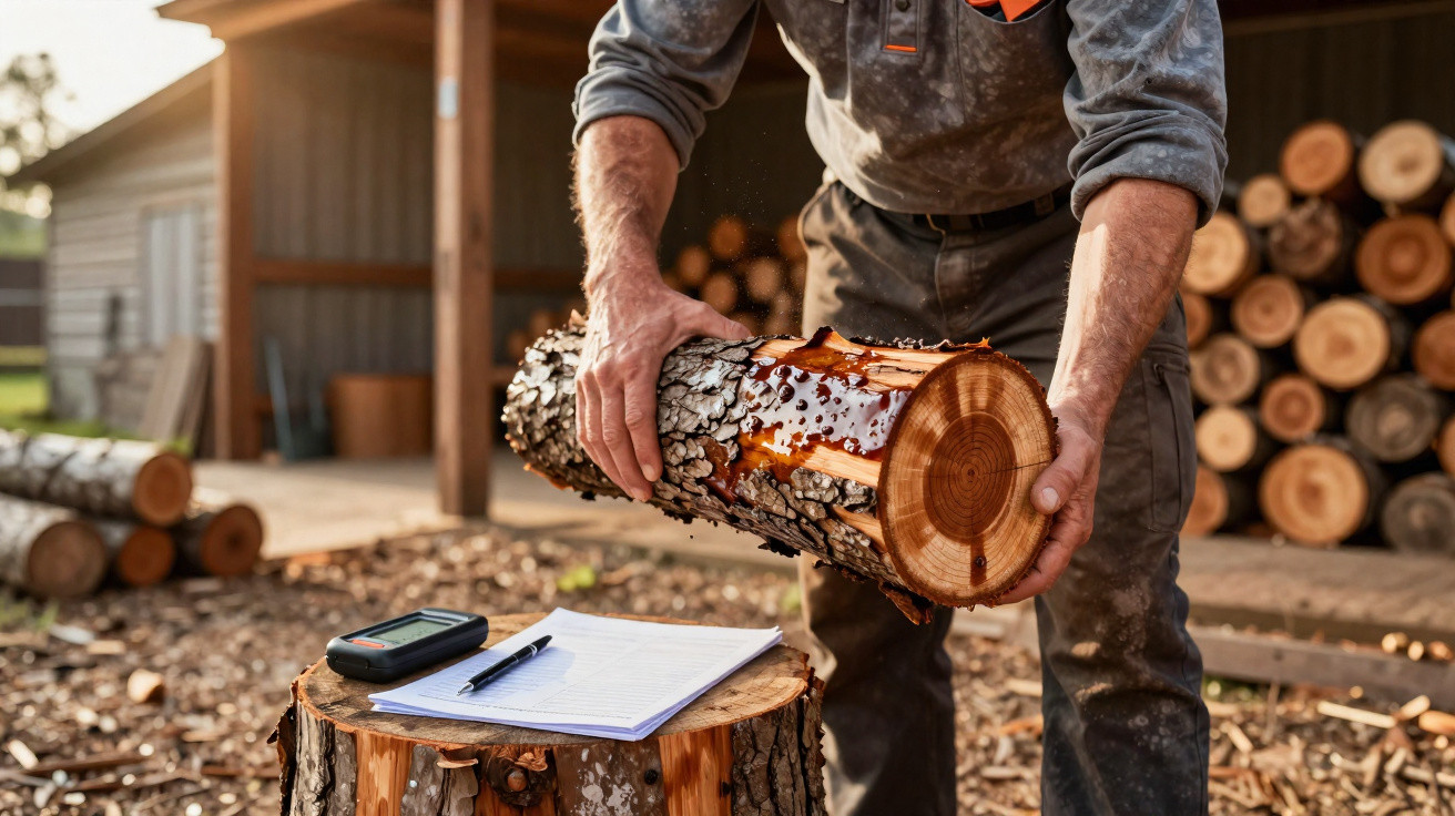 Man examining a log with measurement tools on a tree stump outdoors near a woodpile and shed.