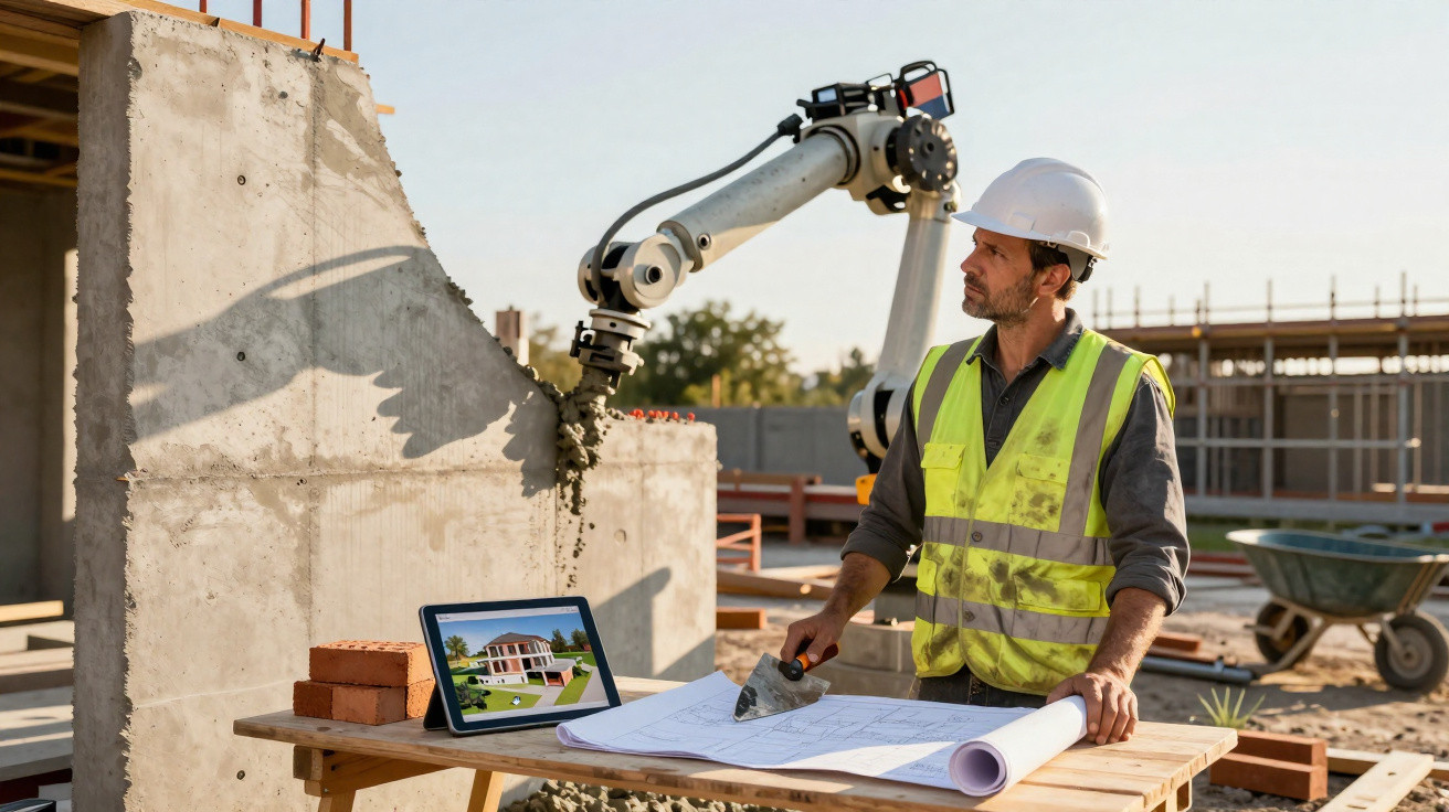 Construction worker in a hard hat and vest using a remote to control a robotic arm pouring concrete on site.
