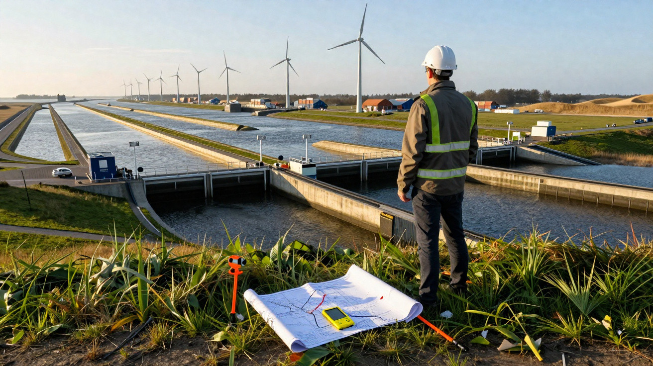 Engineer wearing safety gear overlooks canal and wind turbines with map and equipment in foreground.