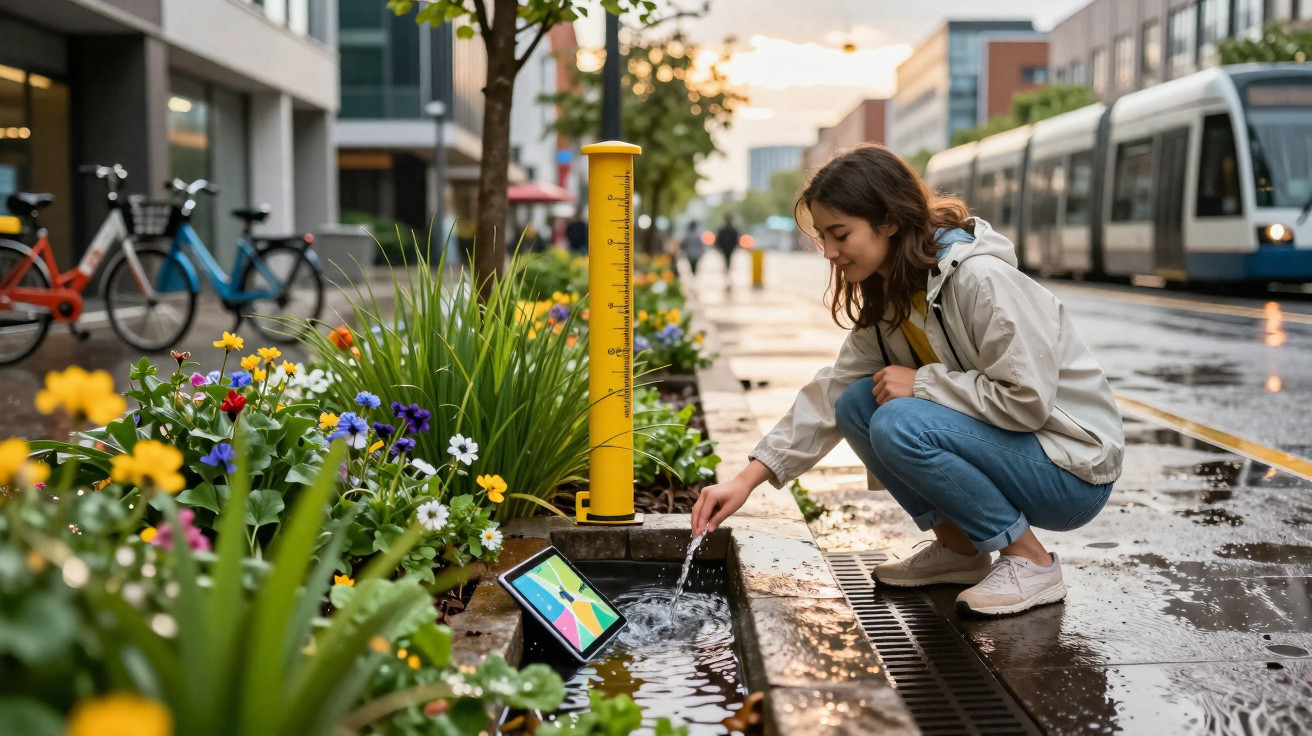 Young woman touching water in an urban rain garden beside a tram track and colourful flowers on wet pavement